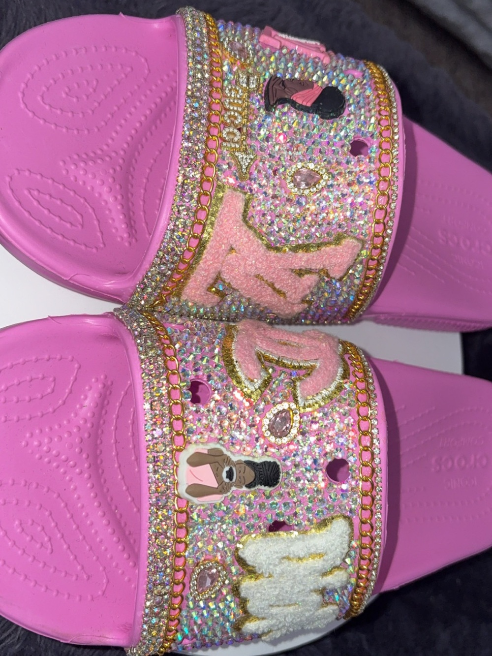 CROCS Pink Glitter Slide Sandals with Embellished Straps